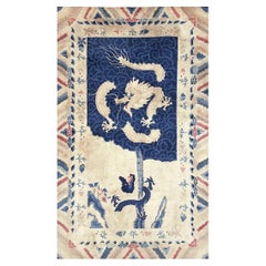 1900s Ivory Field Antique Dragon Medallion Chinese Peking Small Knotted Wool Rug