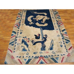 1900s Ivory Field Antique Dragon Medallion Chinese Peking Small Knotted Wool Rug