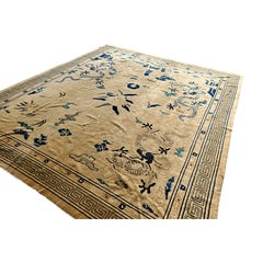 1880s Beige Ground Dragon Medallion Antique Chinese Peking Qing Style Square Rug
