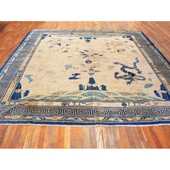 1880s Beige Dragon Antique Chinese Peking Carpet 8'7"x9'4" Wool Handknotted Rug