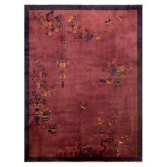 1920s Raspebery Pink Open Field Floral Antique Chinese Art Deco Room Size Rug