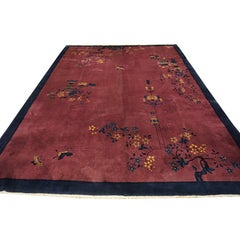 1920s Raspebery Pink Open Field Floral Antique Chinese Art Deco Room Size Rug