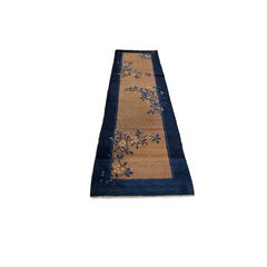 1920s Earthy Brown Antique Chinese Long Wool Floral Hallway Runner Peking Rug