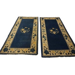 Knotted Wool Chinese Antique Small Peking 1920s Rectangle Blue Rug