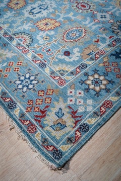 8x10 Hand-Knotted Turquoise Wool Traditional Floral Oushak Rug