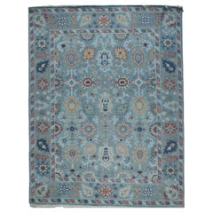 8x10 Hand-Knotted Turquoise Wool Traditional Floral Oushak Rug