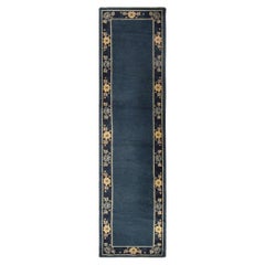 1920s Blue Ground Open Field Floral Antique Chinese Peking Runner Knotted Rug