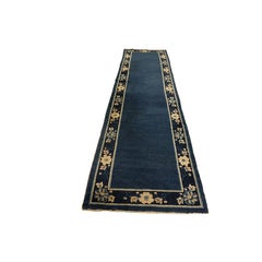 1920s Blue Ground Open Field Floral Antique Chinese Peking Runner Knotted Rug