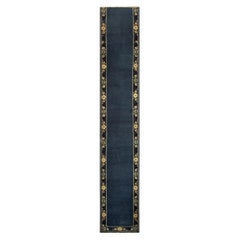 1920s Navy Blue Solid Minimalist Deco Antique Chinese Peking Runner Rug