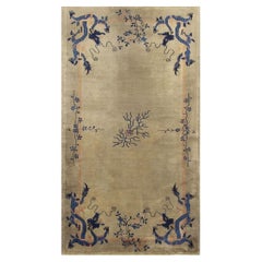 1920s Beige Deco Influences Floral Antique Chinese Peking Dragon Gallery Rug
