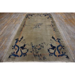 1920s Beige Deco Influences Floral Antique Chinese Peking Dragon Gallery Rug