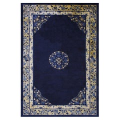 1900s Wool Rectangle Antique Blue Chinese Peking Hallway Runner Knotted Rug