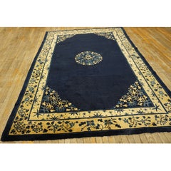 1900s Wool Rectangle Antique Blue Chinese Peking Hallway Runner Knotted Rug