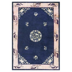 1920s Antique Blue Field Vase Medallion Wool Knotted Peking Runner Small Rug
