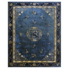1920s Classic Chinese Symbols Navy Blue Open Field Antique Peking Room Size Rug