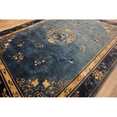 1920s Classic Chinese Symbols Navy Blue Open Field Antique Peking Room Size Rug
