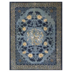 Antique 1880s Blue Classic Greek Key Chinese Peking Knotted Wool Small Rug