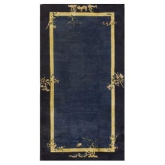 1920s Navy Blue Solid Birds Deco Antique Chinese Peking Hallway Runner Rug