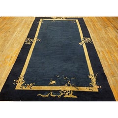 1920s Navy Blue Solid Birds Deco Antique Chinese Peking Hallway Runner Rug