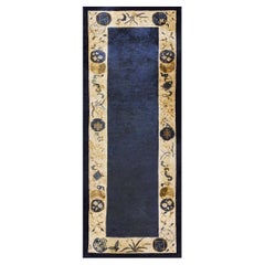 1920s Blue Antique Chinese Art Deco Peking Hand Knotted Runner Rug 3'8" x 9'6"