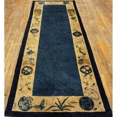 1920s Blue Antique Chinese Art Deco Peking Hand Knotted Runner Rug 3'8" x 9'6"