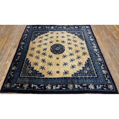 1920s Beige Medallion Floral Classical Greek Antique Chinese Baotou Square Rug