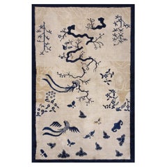 1920s Ivory Scenic Bird of Paradise Antique Chinese Bat Cloud Band Peking Rug
