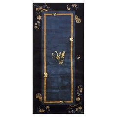1920s Traditional Navy Blue Floral Sprays & Butterflies Deco Chinese Peking Rug