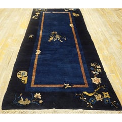1920s Traditional Navy Blue Floral Sprays & Butterflies Deco Chinese Peking Rug