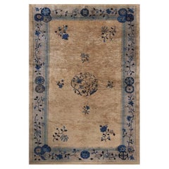 1920s Beige and Tan Antique Chinese Art Deco Peking Hand Knotted Rug 5'2" x 7'8"