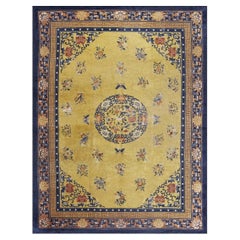 1920s Yellow Field Medallion Classic Greek Key Antique Chinese Peking Wool Rug