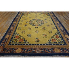 1920s Yellow Field Medallion Classic Greek Key Antique Chinese Peking Wool Rug