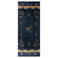 1920s Antique Traditional Floral Chinese Peking Hallway Runner Blue Knotted Rug