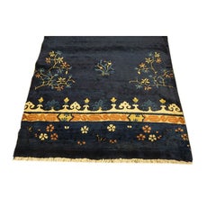 1920s Antique Traditional Floral Chinese Peking Hallway Runner Blue Knotted Rug