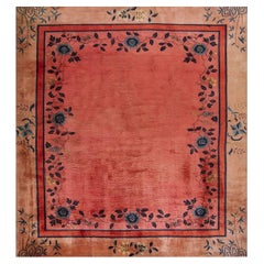 1920s Coral Open Field Antique Chinese Art Deco Square Knotted Pile Floral Rug