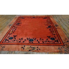 1920s Coral Open Field Antique Chinese Art Deco Square Knotted Pile Floral Rug