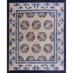 1920s Ivory and Blue Dragon Roundels Antique Chinese Baotou Room Size Rug