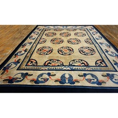 1920s Ivory and Blue Dragon Roundels Antique Chinese Baotou Room Size Rug
