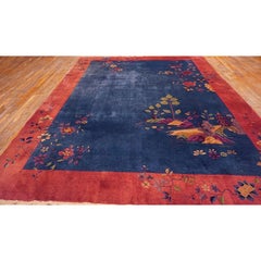 Blue Open Field Antique 1920s Walter Nichols Wool Chinese Art Deco 9' x 11'6"