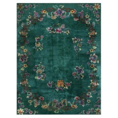1920s Green Open Field Modern Antique Chinese Art Deco Carpet Room Size Rug