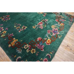 1920s Green Open Field Modern Antique Chinese Art Deco Carpet Room Size Rug