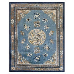 1880s Blue Antique Chinese Peking Ningxia Hand Knotted Rug 9' x 11'6"