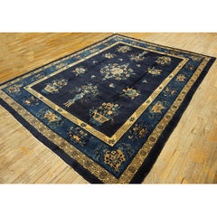1900s Antique Navy Blue Vase Shou Symbols Traditional Chinese Peking Knotted Rug