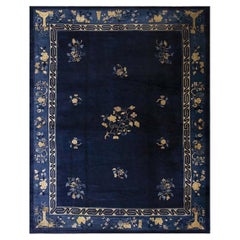 1920s Blue Navy Vase Floral Antique Chinese Peking Carpet Knotted Wool Deco Rug