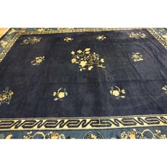1920s Blue Navy Vase Floral Antique Chinese Peking Carpet Knotted Wool Deco Rug