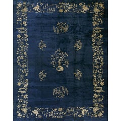 1920s Blue and Navy Antique Chinese Art Deco Peking Hand Knotted Rug 9' x 11'6"