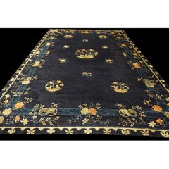 Large Size 1920s Blue Navy Antique Chinese Bat and Reindeer Design Peking Rug