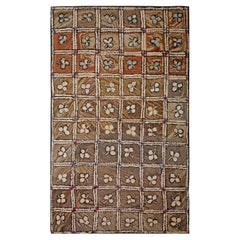 1900s Small Brown Earth Tone Geometric Folk Art Antique American Hooked Rug
