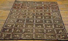 1900s Small Brown Earth Tone Geometric Folk Art Antique American Hooked Rug