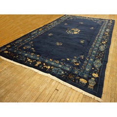 1920s Antique Navy Blue Vase Floral Deco Antique Chinese Peking Knotted Rug